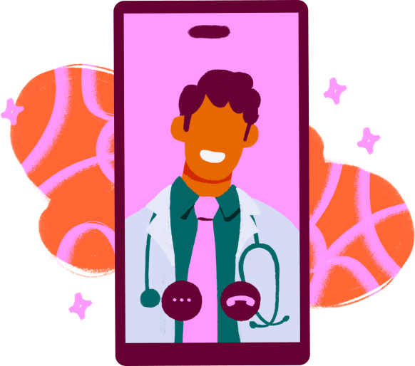 Ilustração de um médico sorrindo em uma video chamada
